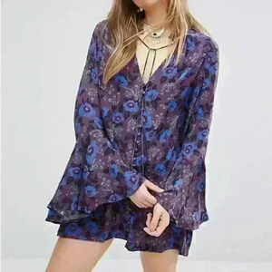 Free People Magic Mystery Tunic Floral Bell Sleeve Open Ties Neck Size Small